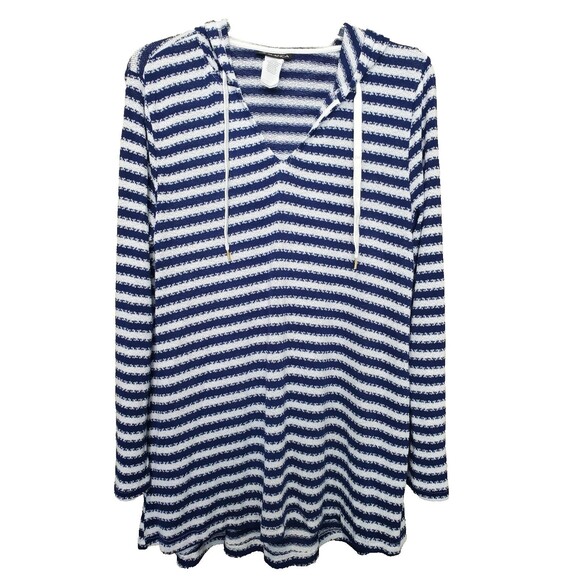La Blanca Blue Striped Slouchy Hooded Sweater Swimsuit Cover-Up Tunic Size MED - Picture 1 of 5